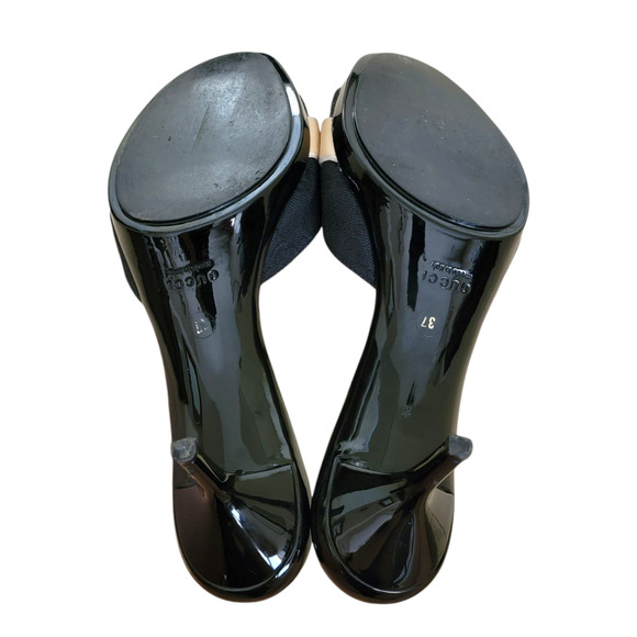 Gucci Black Beige Patent Leather GG Logo Turnlock Mule Heel Slides 37 US 7 - Picture 14 of 15